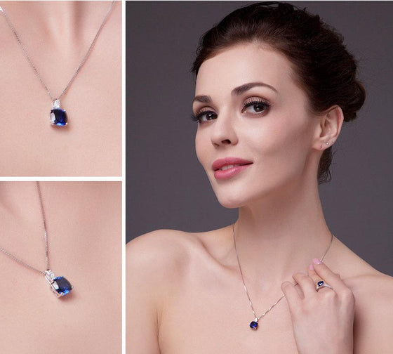 Blue Created Sapphire Pendant with 925 Sterling Silver Chain