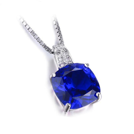 Blue Created Sapphire Pendant with 925 Sterling Silver Chain