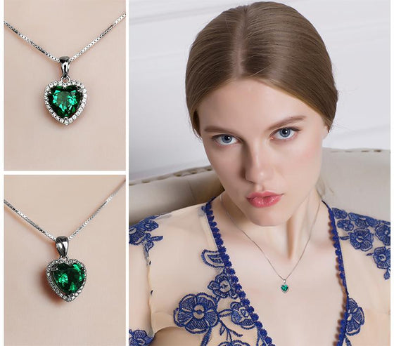 Heart Of Ocean Created Green Emerald Pendant with 925 Sterling Silver Chain